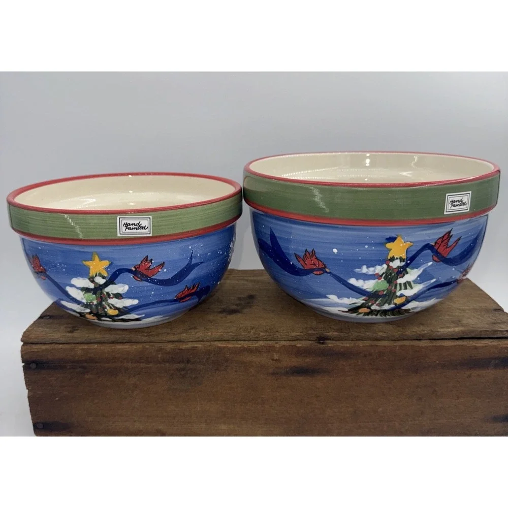Mixing Serving Bowls Set of 2 Hand Painted‎ Christmas Tree Cardinal Stoneware